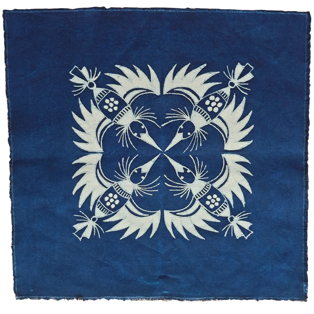 Décoration murale en batik indigo fait main, coton naturel, 44 x 44 cm (cadre non inclus)