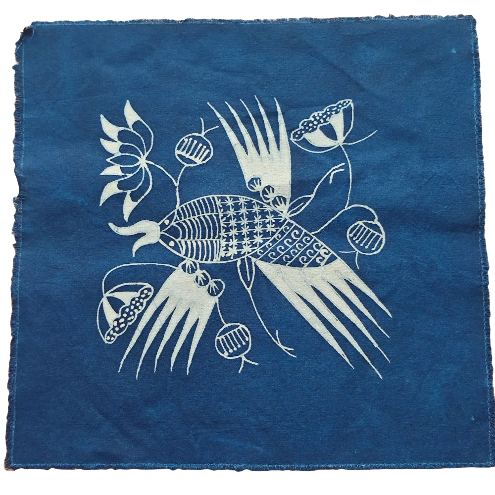 Décoration murale en batik indigo fait main, coton naturel, 44 x 44 cm (cadre non inclus)
