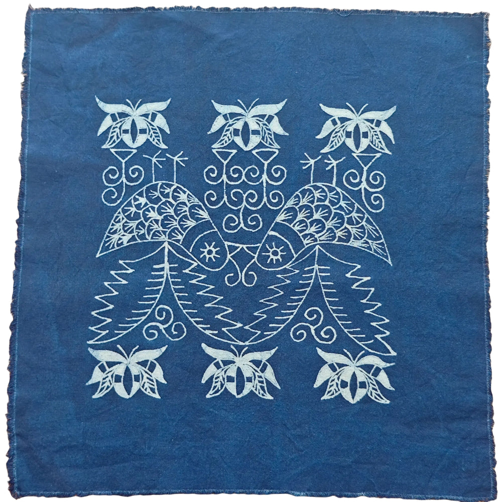 Décoration murale en batik indigo fait main, coton naturel, 44 x 44 cm (cadre non inclus)