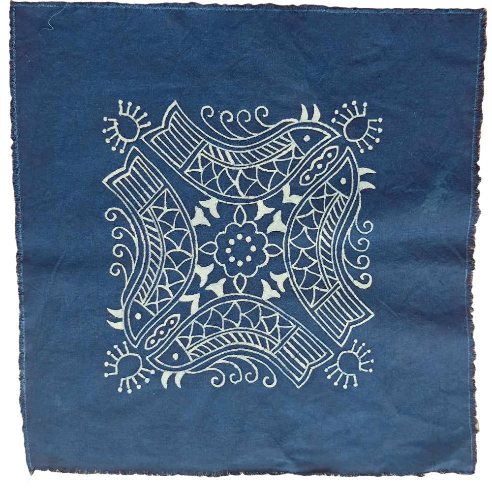 Décoration murale en batik indigo fait main, coton naturel, 44 x 44 cm (cadre non inclus)