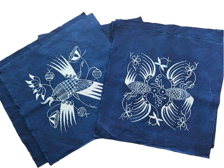 Décoration murale en batik indigo fait main, coton naturel, 44 x 44 cm (cadre non inclus)