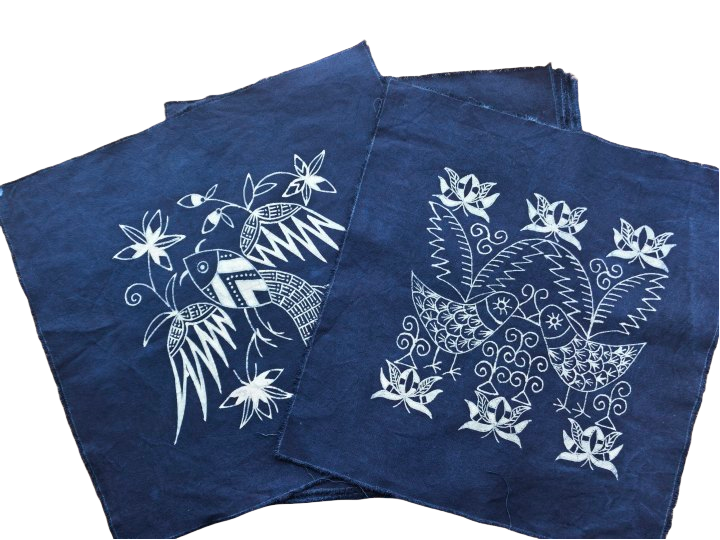 Décoration murale en batik indigo fait main, coton naturel, 44 x 44 cm (cadre non inclus)