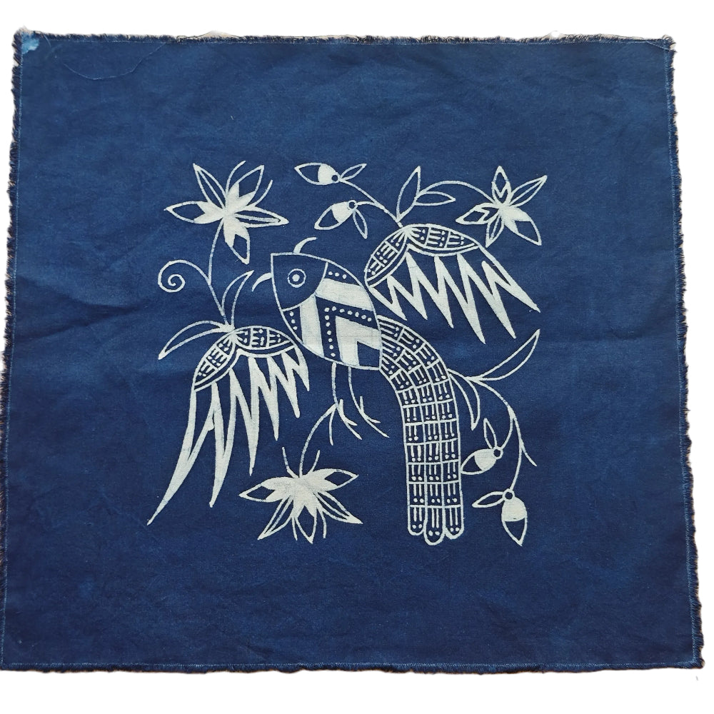 Décoration murale en batik indigo fait main, coton naturel, 44 x 44 cm (cadre non inclus)