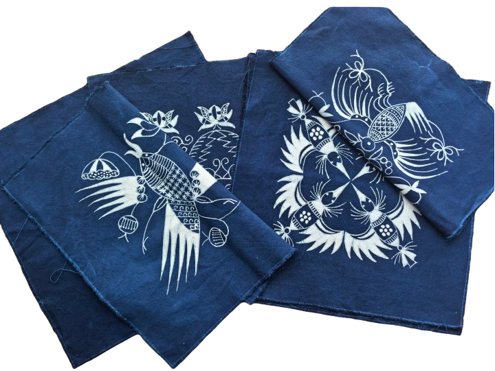 Décoration murale en batik indigo fait main, coton naturel, 44 x 44 cm (cadre non inclus)