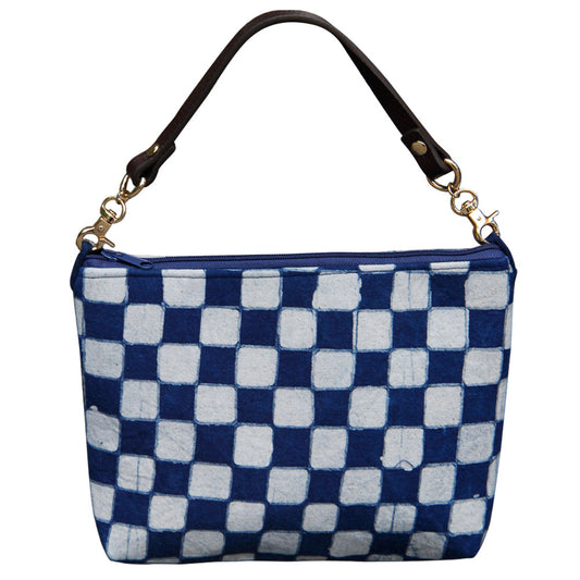 Checkered Handmade batik handbag, women's wrist bag with zipper, casual bag